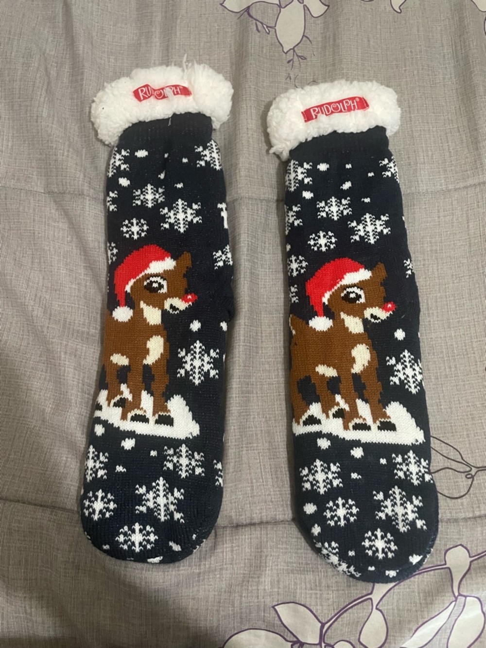 Rudolph Fuzzy Lined Holiday Socks - Black, Brown, Red, White